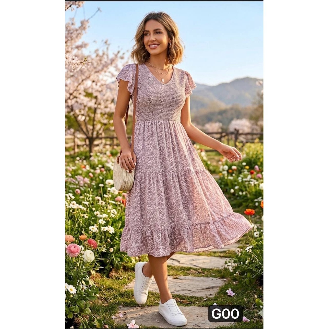 Orange Creek 3x Pink Floral Smocked Tiered Midi Dress Flutter Sleeve Cottagecore